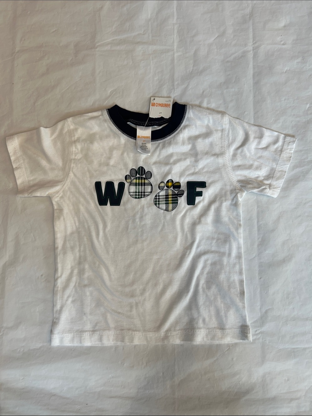 Gymboree White Tee with Navy Trim and Plaid Paw WOOF Graphic
